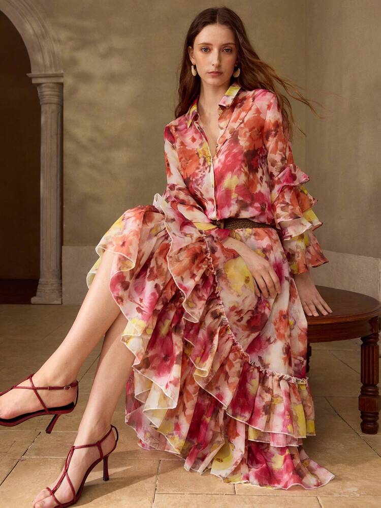 WOMEN'S ROMANTIC ELEGANT PRINTED RUFFLE HEM SKIRT, SPRING/SUMMER