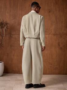 AKNOTIC 男士梭织休闲宽松长袖外套和直筒裤两件套 - 米色 - 查看 6