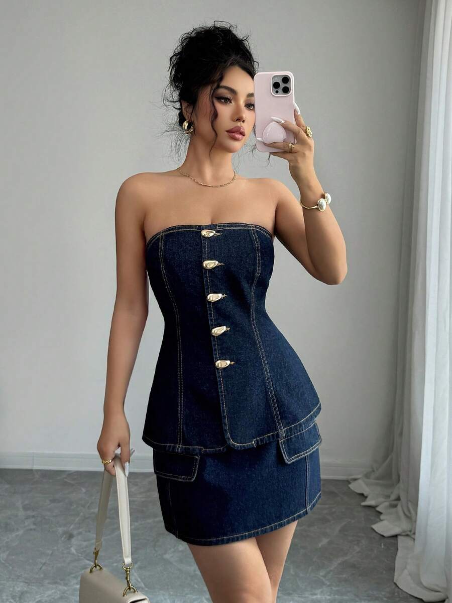 Elenzga Minifalda vaquera elegante y minimalista de corte evasé que estiliza la figura de la mujer - Azul lavado oscuro - Ver 1