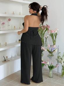 GalTyme Plus Size Women's Solid Color Minimalist Daily Wear Halter Top And Pants 2-Piece Set - Black - View 3