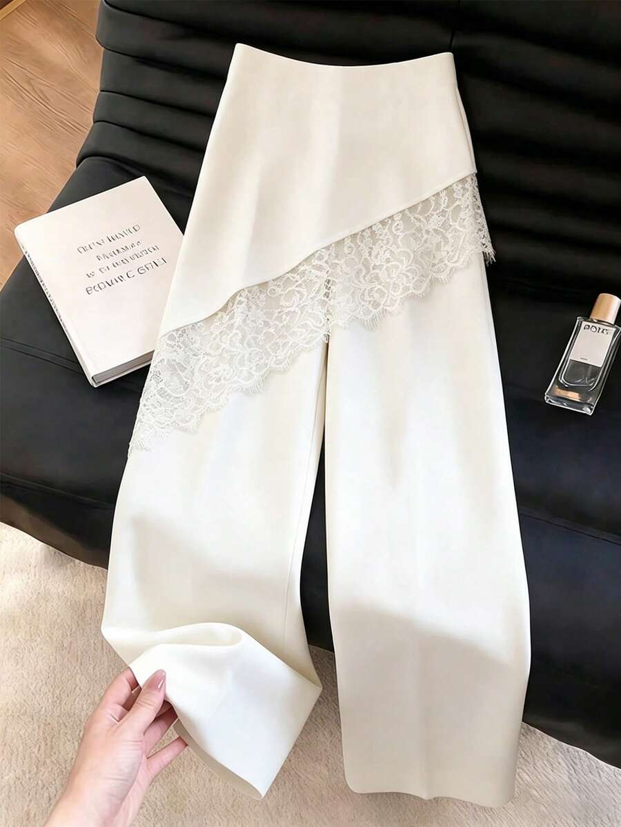 SHEIN Franclia 法式浪漫优雅白色蕾丝拼接女士夏季套装裤 - 白色 - 查看 1