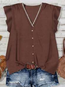 EMERY ROSE Plus Size Casual Eleganza Color Block Trim V-Neck Front Button Ribbed Knit Ruffle Armhole Button Front Blouse Date Night Chocolate Brown Summer - Brown - View 3
