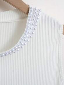 Franclia 女士白色罗纹面料珍珠领装饰无袖休闲日常通勤外出下午茶约会上衣背心 - 白色 - 查看 8