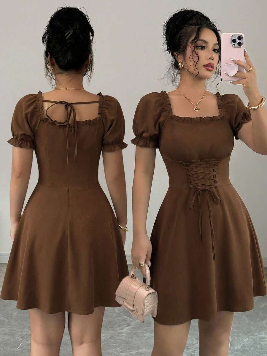 Rafferiza 女士纯色方领泡泡袖荷叶边腰部抽绳系带休闲连衣裙，可爱约会装，大地色系，春夏款，中长短袖 - 咖啡棕 - 查看 1