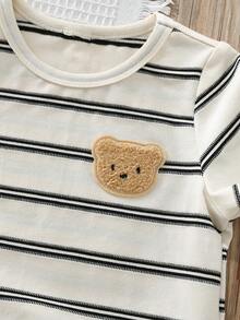 Cozy Pixies 2pcs/Set Kids Baby Boy/Girl Striped Bear Print Soft Knit Round Neck Short Sleeve Top And Elastic Waist Khaki Shorts - Multicolor - View 4