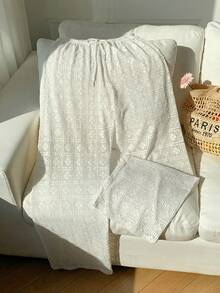 Comfortcana Women's Hollow Out Drawstring Waist Loose Wide Leg Pants, Suitable For Vacation & Beach, White - White - View 4
