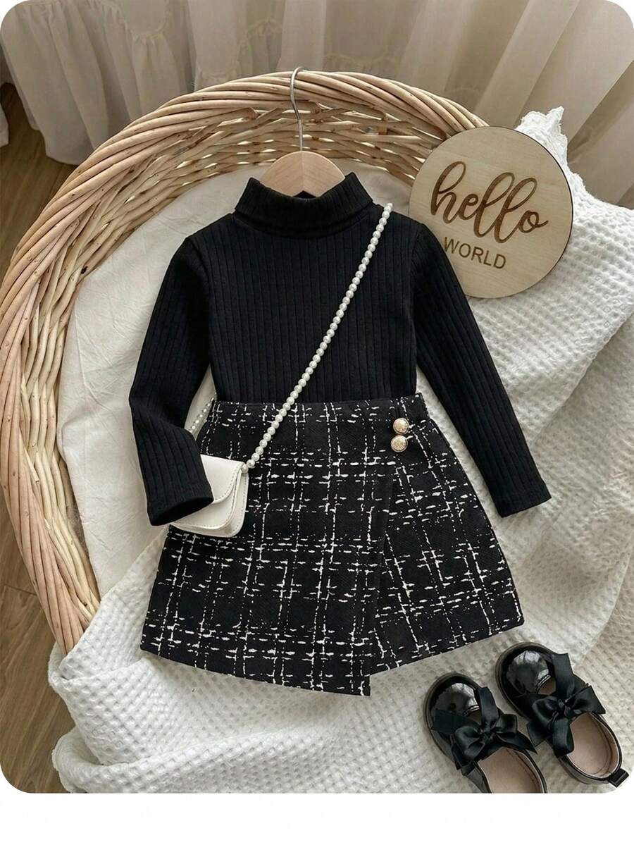 Babygirl Knitted Black Long Sleeve Top And Plaid Elastic Waist Shorts Set, Autumn/Winter Fall - Multicolor - View 1