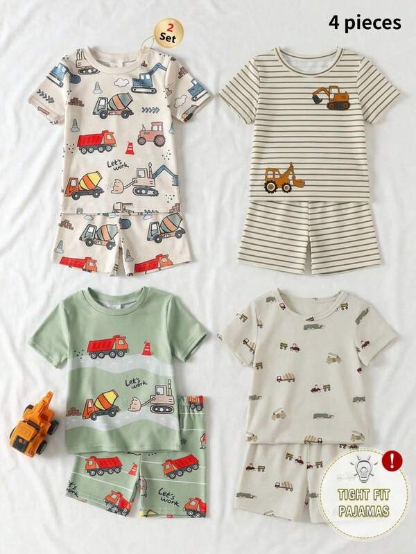 2 Pack Baby Boy Cartoon Car Pattern Short Sleeve T-Shirt And Shorts Pajama Set For Cute Baby Pajamas For Daily Wear Spring & Summer Soft & Comfortable Fabric Cool & Comfortable 2026 New Boys Set