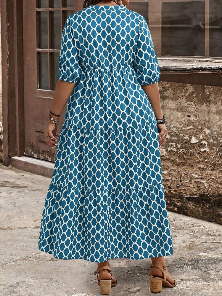 Plus Size V-Neck Mid-Sleeve Vintage Pocket Casual Long Dress For Summer