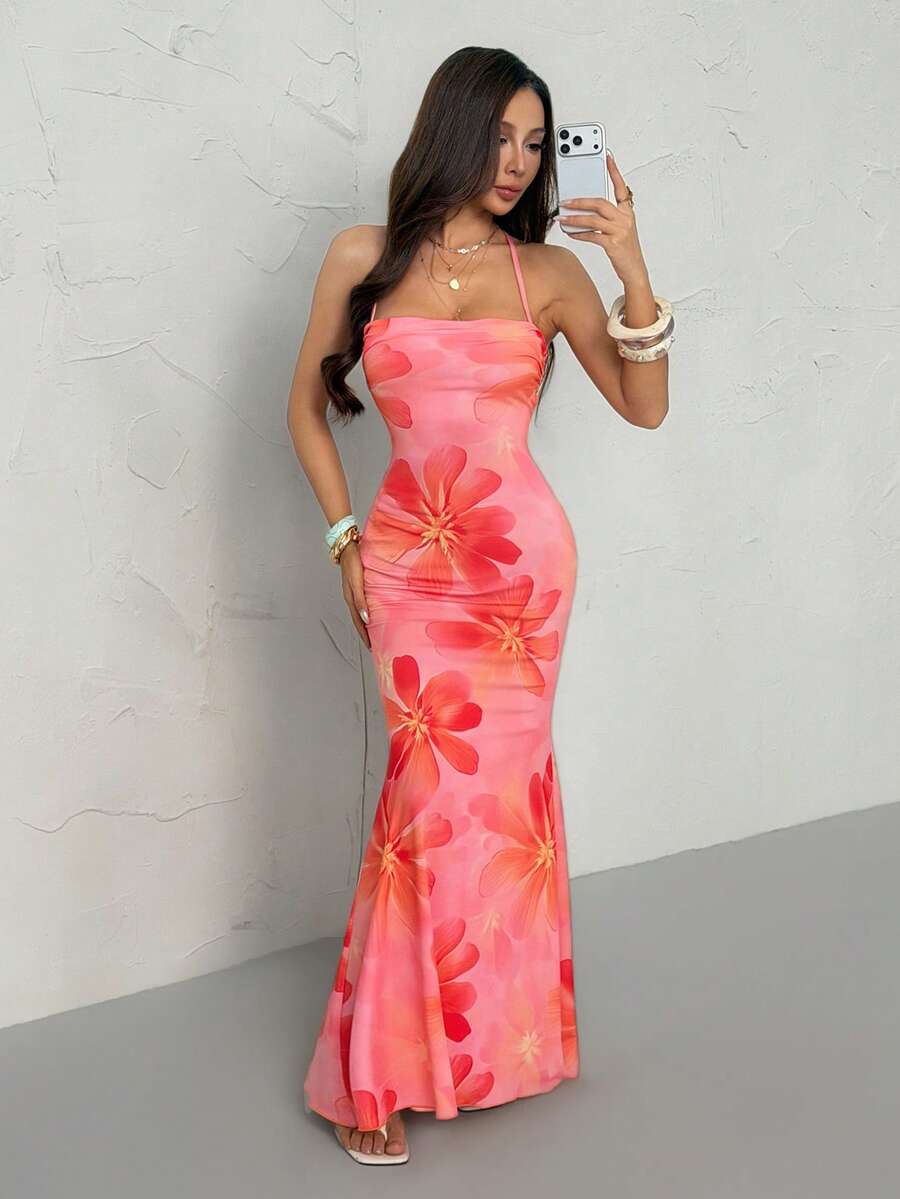 SHEIN PETITE Đầm hở lưng in họa tiết hoa dâm bụt thanh lịch dành cho nữ, trang phục đi nghỉ mát mùa hè, phong cách boho nhiệt đới, thích hợp cho kỳ nghỉ cưới, kỷ niệm ngày cưới, tiệc phù dâu, hẹn hò, gợi cảm, dự tiệc cưới, tiệc cô dâu, màu trắng kín đáo, kiểu cổ tích. - Nhiều màu - Xem 1