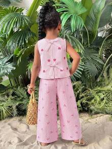 2pcs/Set Young Girl Striped Print Sleeveless Top & Loose Casual Pants - Pink - View 5