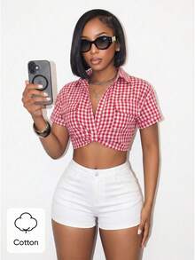SHEIN BamGlam Women's Plaid Pleated Casual Versatile Everyday Shirt Button Up Shirts For Women Picnic Top Shirt For Ladies Crop Cropped Shirts Cropped Button Up Cotton Shirts Vacation Outfits For Women Holiday Outfits For Women Holiday Vacation Holiday Outfits Summer Holiday Outfits Red Top - Red - View 3
