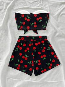 Soleia Women's Cherry Print Black And Red Bandeau Top & High Waisted Shorts 2 Pieces Set,Cute Summer Beach Holiday Vacation Outfit Two Piece Swimsuit Set - Black - View 2