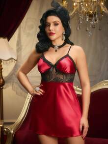 Váy ngủ ngủ bằng vải satin ren tương phản Luxeloungewear - Màu Đỏ Sâu - Xem 5