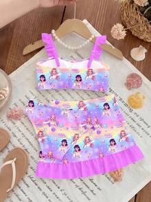 SHEIN Bộ đồ bơi 3 mảnh in hình các ngôi sao K-Pop, viền bèo nhún, thích hợp cho bé gái, chụp ảnh kỷ niệm kỳ nghỉ biển. - Nhiều màu - Xem 3