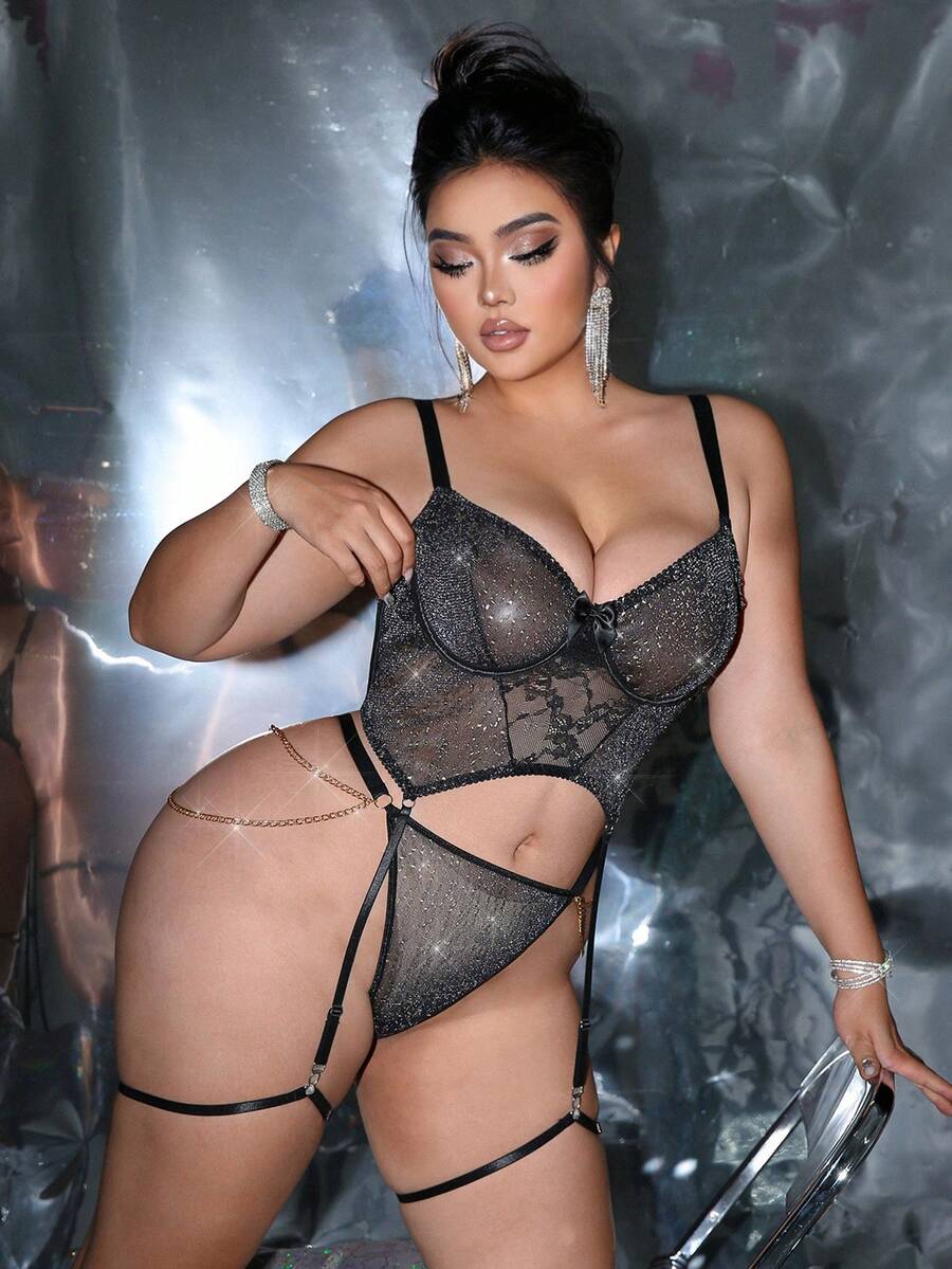 MidnightGlam 3件套加大码女士撞色蕾丝内衣套装 - 黑色 - 查看 1