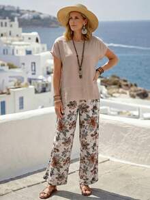 EMERY ROSE Conjunto informal de vacaciones para mujer con blusa de manga de murciélago de unicolor holgada y pantalones de pierna ancha con estampado botánico, primavera/verano - Multicolor - Ver 5