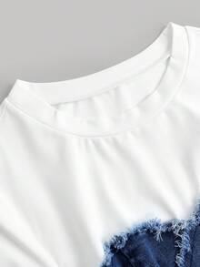 SHEIN MOD 女款休閒修身彈性牛仔拼接短袖上衣 - 深色水洗藍 - 查看 3