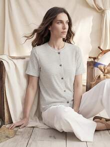 Zovinel 优雅法式圆领短袖黑白条纹罗纹领修身春夏女士休闲上衣 - 黑與白 - 查看 3