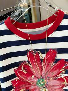 Resyla Women's Casual Striped Floral Print Round Neck Short Sleeve T-Shirt, Versatile Daily Wear - Multicolor - View 3