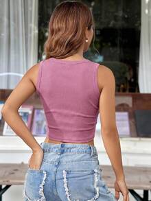Muchica Vintage Solid Curved Hem Ruched Tank Top, Rose Red - Hot Pink - View 2