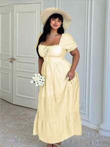 Lyrianda Plus Size French Ruffle Bow Tie Waist Spring/Summer Regular Dress Tea Party Vacation White Cottagecore - Apricot - View 5