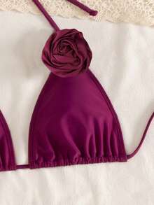 Swim SXY Swim Chic Sea Plain Bikini Set With Asymmetrical Ruffle, Floral 3D Decor And Mesh Skirt - Burgundy - View 7