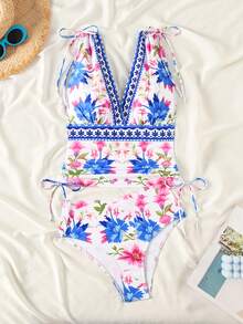 Swim Lushoire 女士花卉抽绳系带时尚度假吊带比基尼上衣 - 彩色 - 查看 4