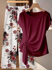 SHEIN LUNE Plus Size Women's Solid Color Round Neck Pleated Top And Wide Leg Pants Casual 2-Piece Set - Red - View 1