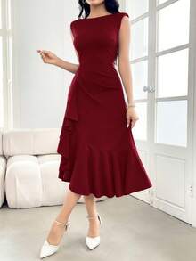 Modelyn Women's Solid Color Round Neck Ruffle Hem Pleated Elegant Dress - Burgundy - View 6