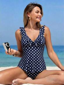 Swim Lushoire Bộ đồ hai mảnh gồm áo hai dây và bikini in chấm bi viền bèo nhún dành cho nữ. - Màu xanh hải quân - Xem 4