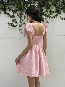 SHEIN 少女休闲简约舒适背包系腰连衣裙 - 粉色 - 查看 2