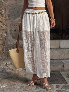 Firerie 女士优雅浪漫休闲时尚度假海滩通勤日常波西米亚音乐节蕾丝透视弹力腰抽绳宽松白色哈伦裤，春夏款 - 白色 - 查看 3