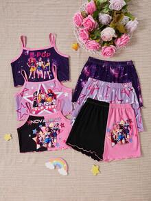 Elladie kids 3件套女童夏季休闲舒适卡通爱心印花蝴蝶结樱桃装饰背心短裤睡衣套装，适合青少年女孩 - 紫色 - 查看 5