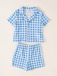 Dozemod Kids Baby Boy Cute Light Blue Plaid Pattern Simple Solid Color Lapel Button Short Sleeve Shorts Loose Comfortable 4-Piece Pajama Set - MultiWarna - View 4