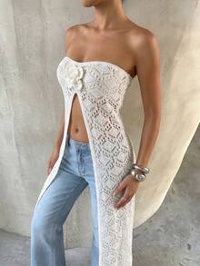 Selianne New Spring/Summer Sexy Vacation Style Hollow-Out Cropped Halter Slit Long Top, Designed 3D Floral Women Knit Blouse - Beige - View 3