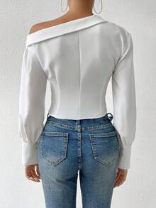 Calvaya Women's Asymmetrical Shoulder Lantern Sleeve Shirt,Long Sleeve Tops Fall Cloth For Women - White - View 2