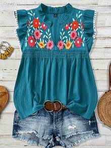 Linhara Plus Size Women V-Neck Floral Embroidery Pattern Casual Versatile Daily Wear Shirt - Teal Blue - View 3