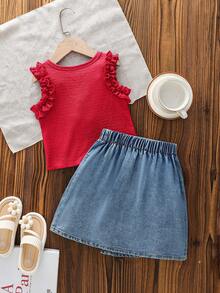 SHEIN Playful Pals 两件套女童优雅休闲圆领荷叶袖无袖樱桃印花上衣+刺绣樱桃牛奶裙，适合日常、通勤、休闲、度假、夏季穿着 - 彩色 - 查看 2