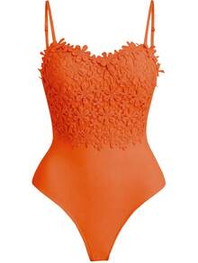 Rometta Plus Size Summer Solid Color Patchwork Lace Bodysuit - Burnt Orange - View 1
