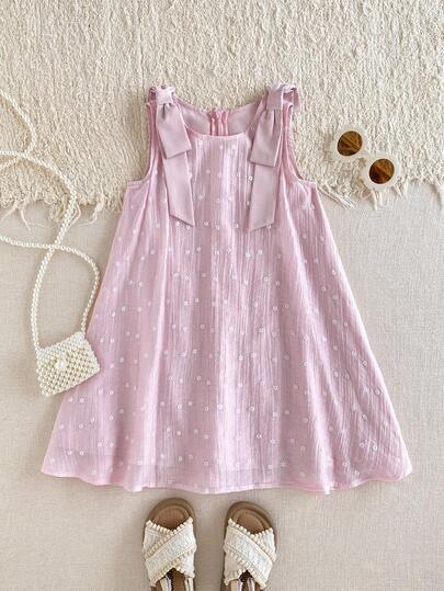 PrepCrw 1pc Kids/Young Girls Elegant Casual School Style Loose White Floral Decor Pink Woven Sleeveless Dress, Suitable For Daily Wear, Back To School, Outings, Gatherings, Vacations, Spring & Summer