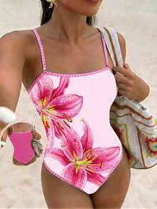 Swim Vcay Bộ đồ bơi liền thân họa tiết hoa nhí thời trang với viền hình học, trang phục đi biển được ưa chuộng cho mùa xuân/hè. - Hồng - Xem 3