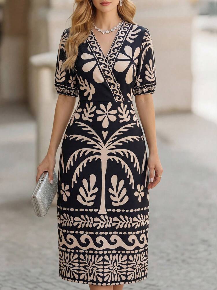 Women's Contrast Color Print V-Neck Short Sleeve Dress Body Con Dress For Women Women Dress Printed Dress Midi Dress Patterned Dress,Summer Dress, Elegant Dresses For Ladies,Floral Dress New Arrival Women Dress