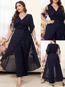 SHEIN Clasi Quần liền thân nữ cỡ lớn cổ chữ V phối lưới, kiểu dáng thường ngày. - Màu xanh hải quân - Xem 8
