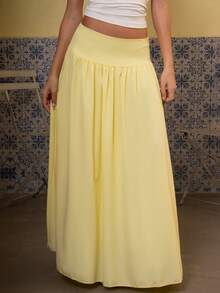 juhmazzocco Women's Plain Zip Up Gathered Casual Yellow Skirt, Summer Winter Spring - Yellow - View 4
