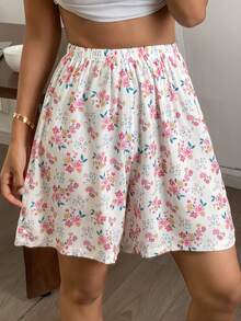 DAZY Loose Ditsy Floral Straight Leg Short Pajama Pants For Women, Sleepwear - White - View 3