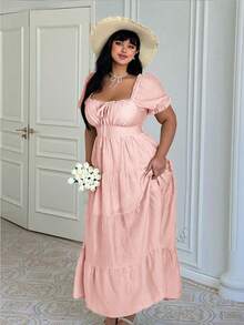 Lyrianda Plus Size French Ruffle Bow Tie Waist Spring/Summer Regular Dress Tea Party Dusty Pink Cottagecore Cute Comfy - Pink - View 5
