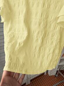 Kids Teen Girls Yellow Cute Summer Party Textured Woven Round Neck Ruched Ruffle Trim Flutter Sleeve Fitted Casual Blouse,French Elegant Vacation - Yellow - View 6