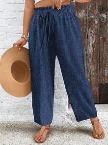 SHEIN VCAY Pantalones casuales de uso diario de unicolor con cordón en la cintura para mujeres de talla grande - Multicolor - Ver 3