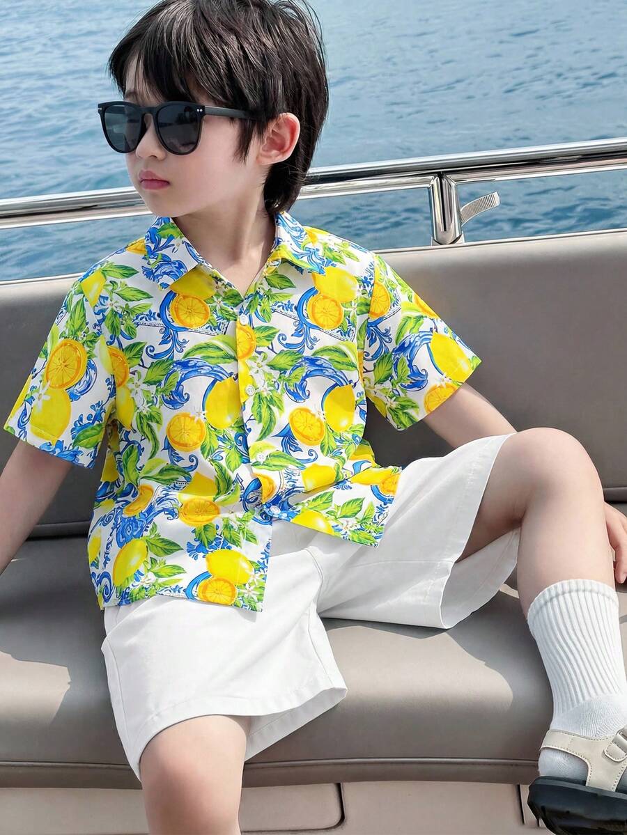 2件套男童夏季休闲沙滩度假可爱柠檬印花短袖衬衫和松紧腰短裤套装，夏季度假衬衫和短裤 - 白色 - 查看 1